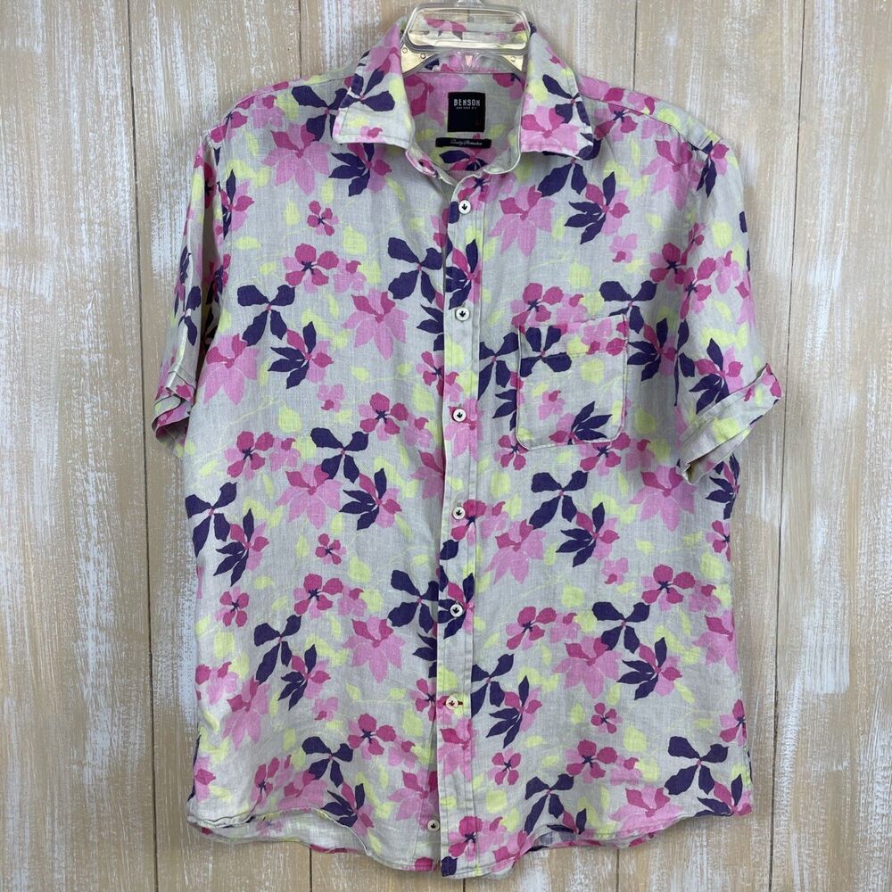 Benson New York Men’s L Short Sleeve Shirt Button Up Tropical Floral Linen